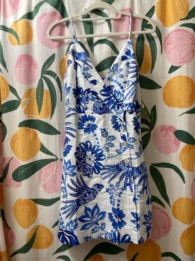NWT FARM Rio Blue and White Floral Button-Front Dress